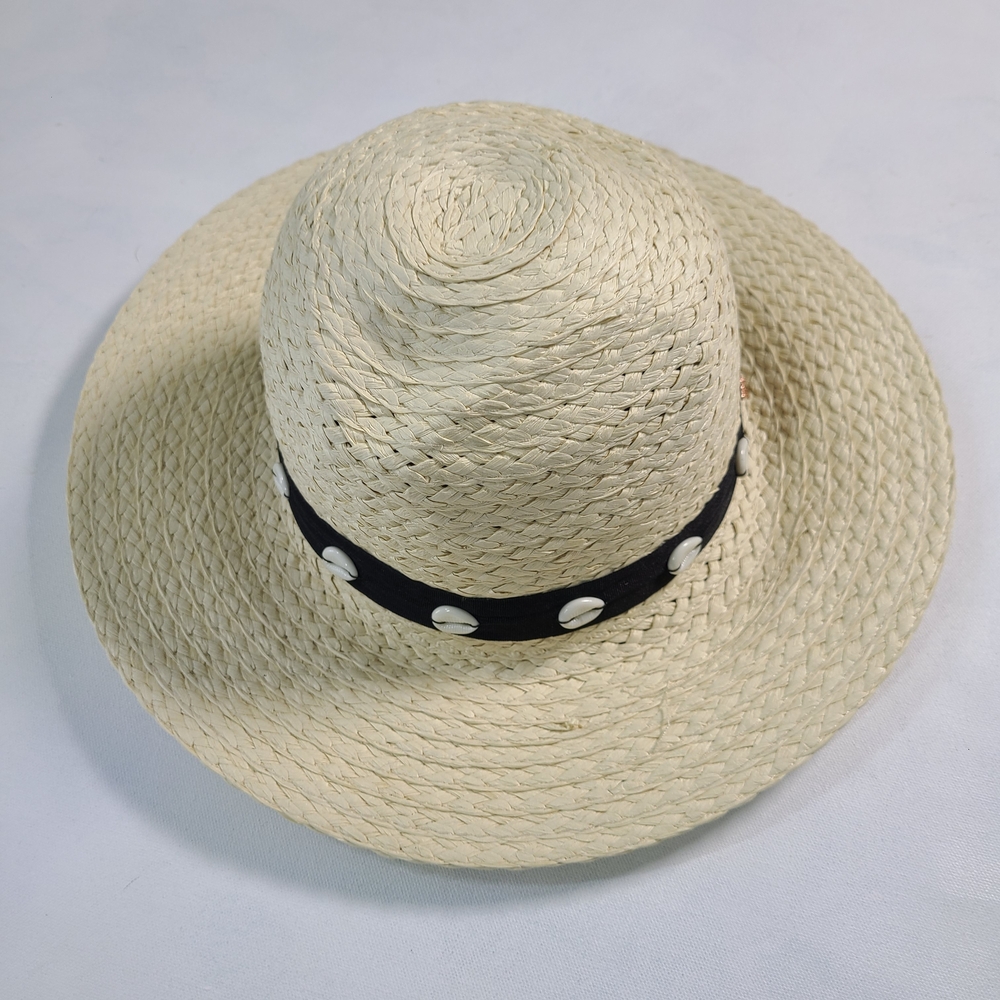 Steve Madden Beach Hat Shells Natural Paper Wide-Brim Hat with Black Band O/S